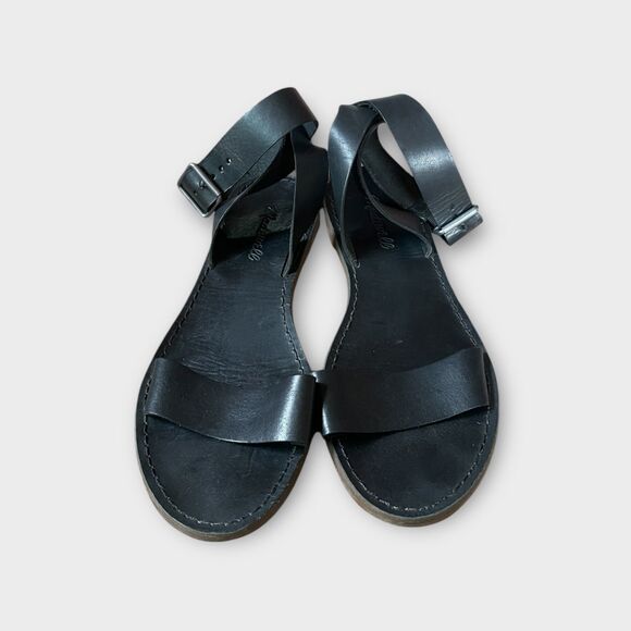 Madewell Boardwalk Black Leather Ankle Strap Flat Sandals Sz 8 Hippie Boho - Picture 2 of 6